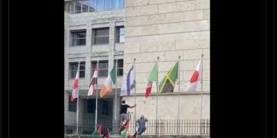 protesters pulling down Israel flag